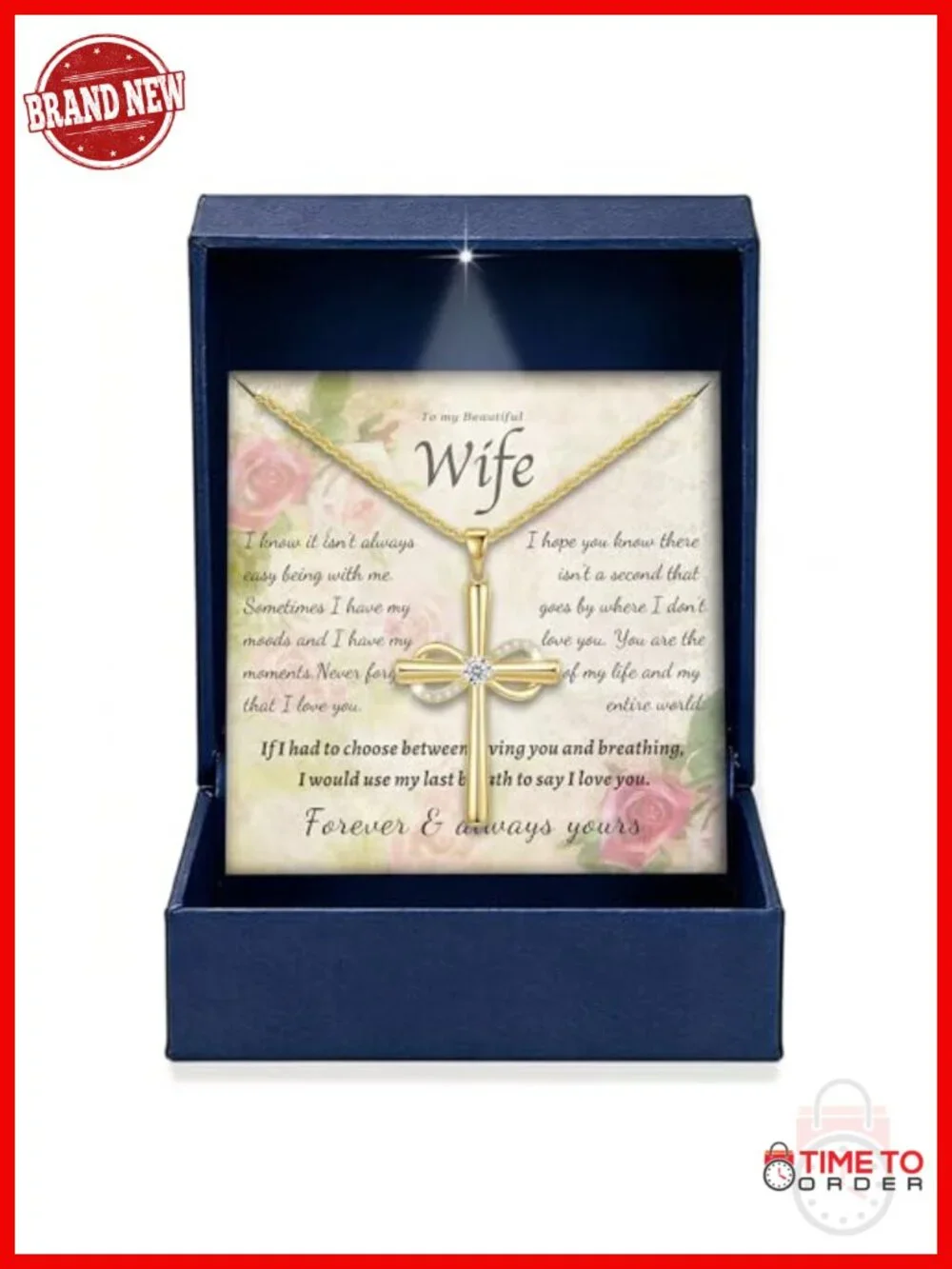 Moissanite Cross Pendant Necklace in Light-Up Gift Box with Wife Card 18K Gold